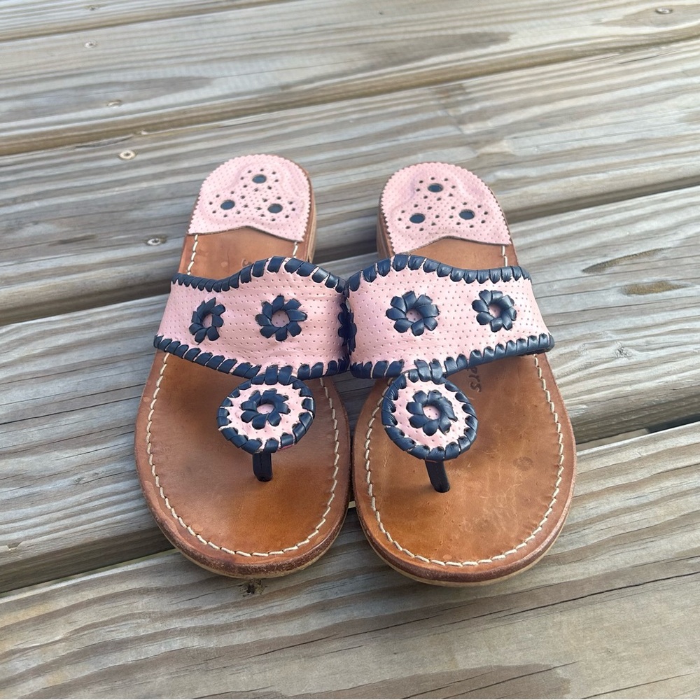 Jack Rogers Classic Sandal, Light Pink and Navy, Brown Leather Footbed, Size 7